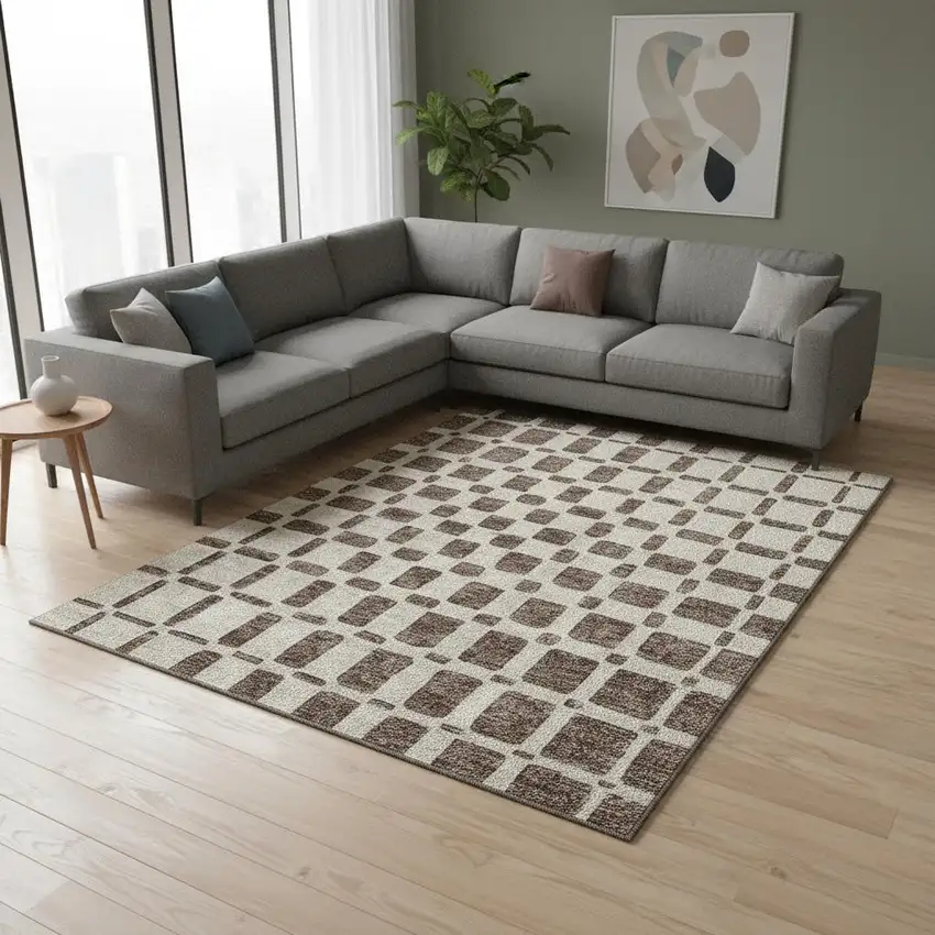 Brown And Ivory Geometric Washable Area Rug With UV Protection Photo 2