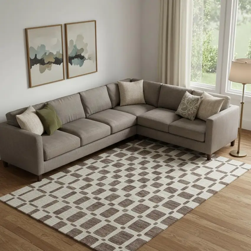 Brown And Ivory Geometric Washable Area Rug With UV Protection Photo 1