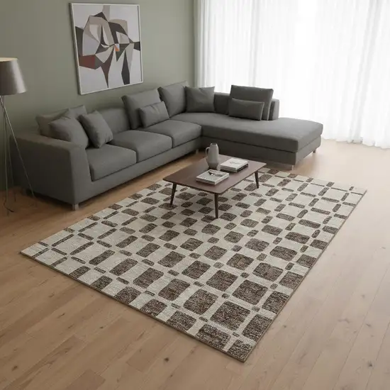 Brown And Ivory Geometric Washable Area Rug With UV Protection Photo 2