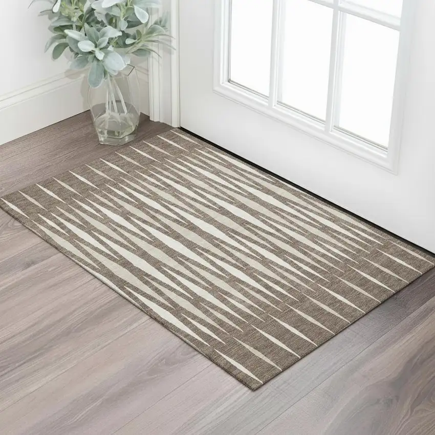 Brown And Ivory Geometric Washable Area Rug With UV Protection Photo 1