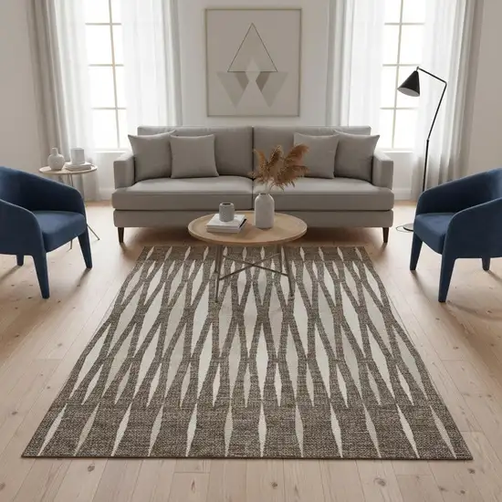 Brown And Ivory Geometric Washable Area Rug With UV Protection Photo 2