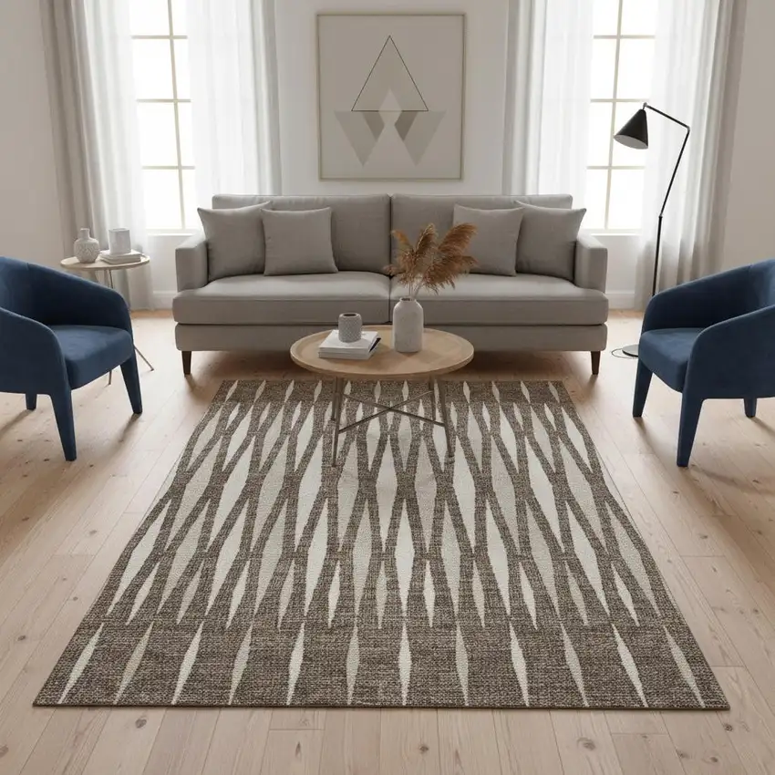 Brown And Ivory Geometric Washable Area Rug With UV Protection Photo 2