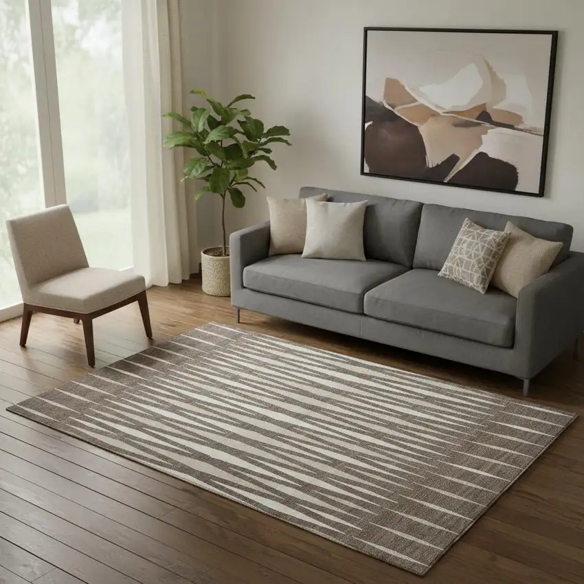 Brown And Ivory Geometric Washable Area Rug With UV Protection Photo 1