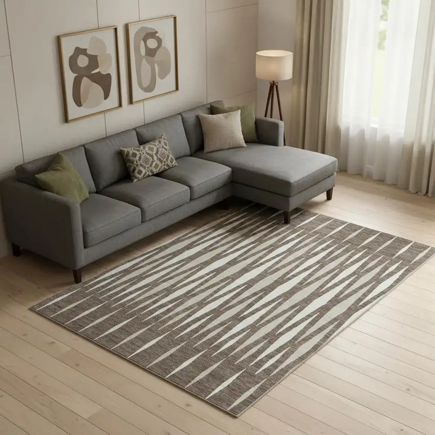 Brown And Ivory Geometric Washable Area Rug With UV Protection Photo 1