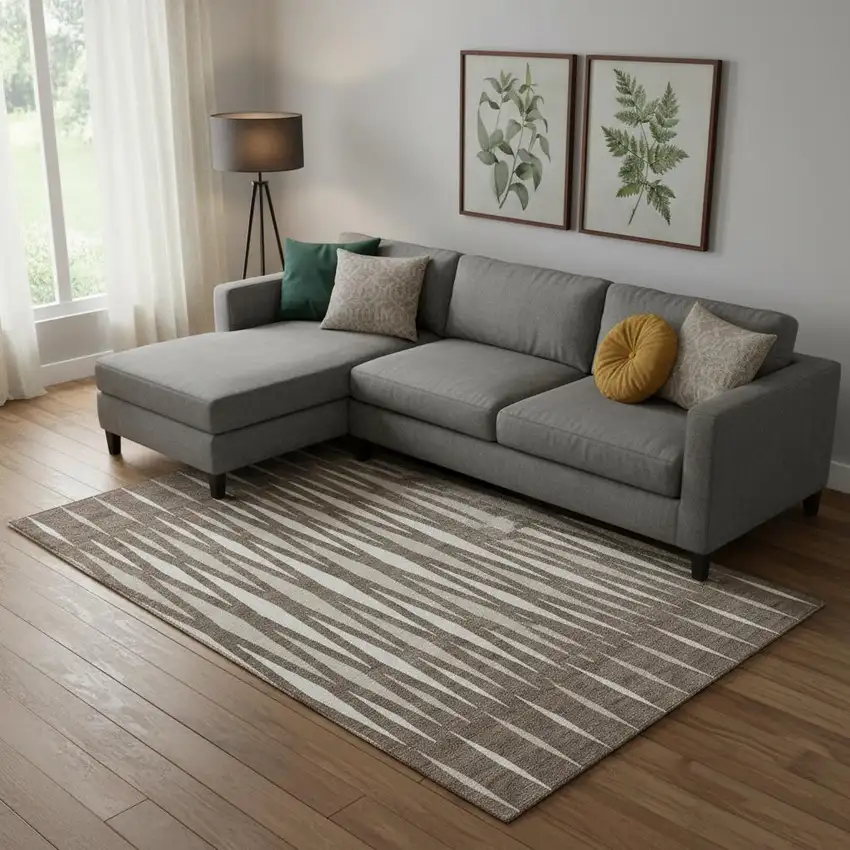 Brown And Ivory Geometric Washable Area Rug With UV Protection Photo 1