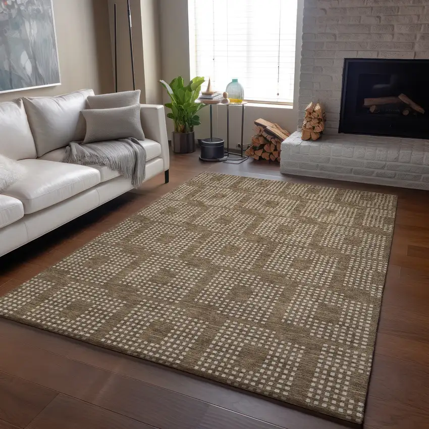 Brown And Ivory Geometric Washable Area Rug With UV Protection Photo 6