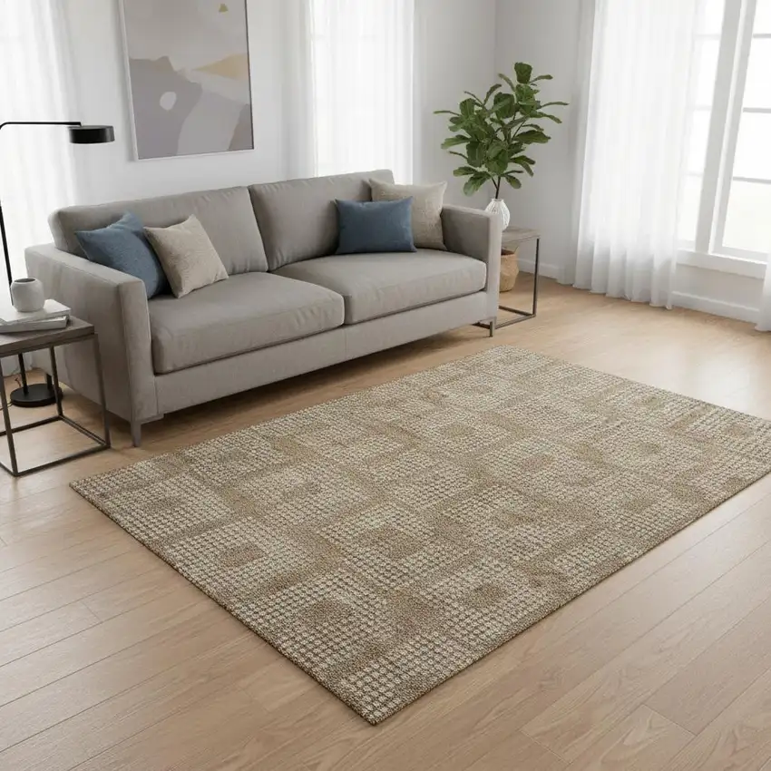 Brown And Ivory Geometric Washable Area Rug With UV Protection Photo 2