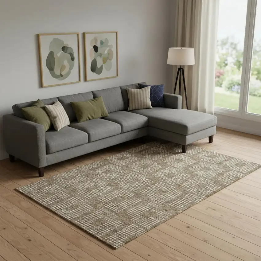 Brown And Ivory Geometric Washable Area Rug With UV Protection Photo 1