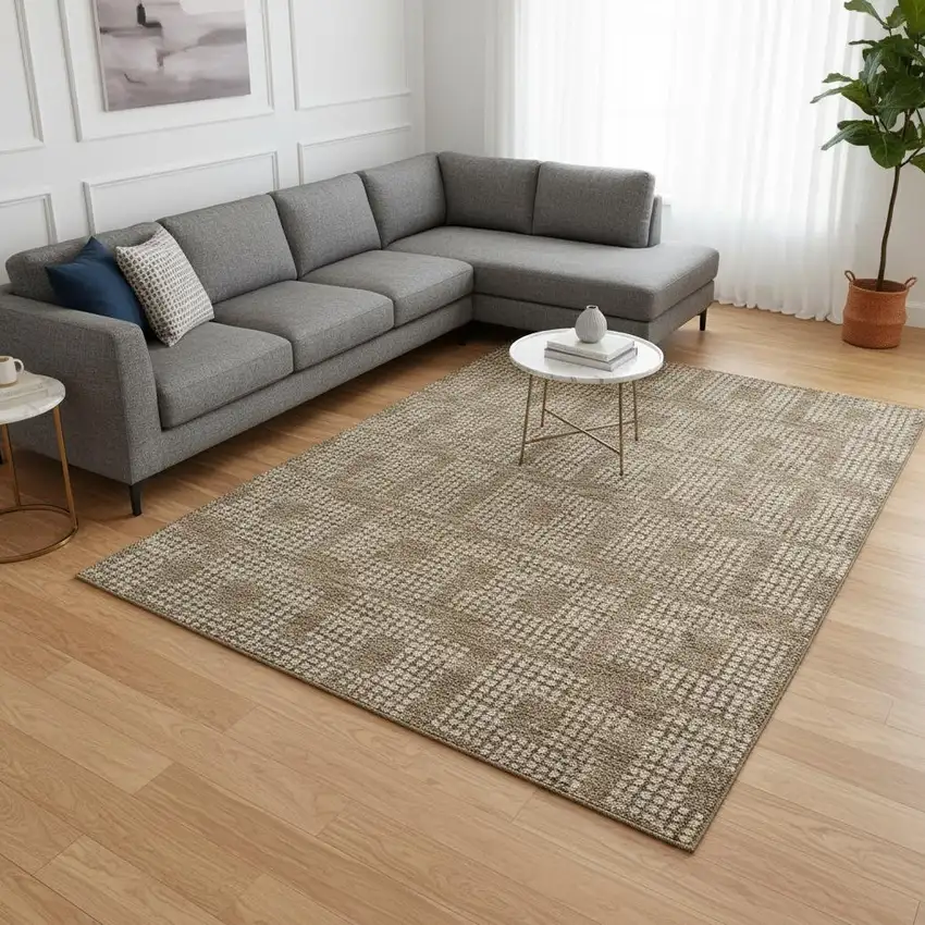 Brown And Ivory Geometric Washable Area Rug With UV Protection Photo 2
