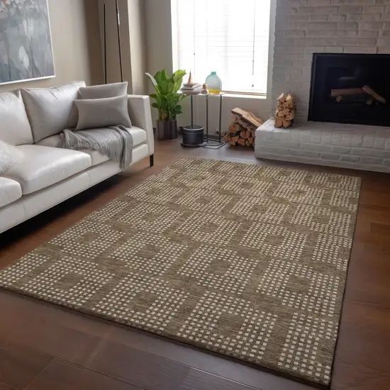 Brown And Ivory Geometric Washable Area Rug With UV Protection Photo 6