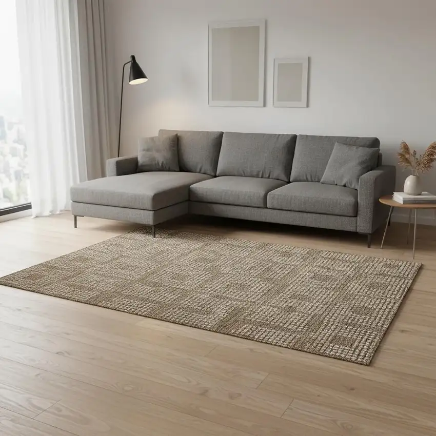 Brown And Ivory Geometric Washable Area Rug With UV Protection Photo 2