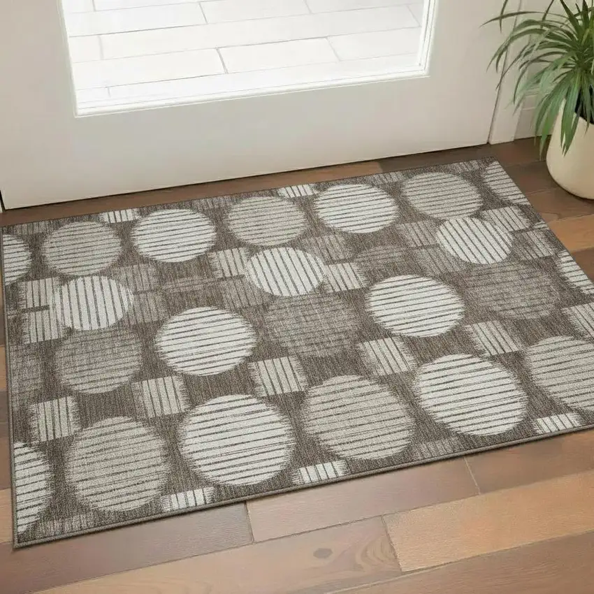 Brown And Ivory Geometric Washable Area Rug With UV Protection Photo 1