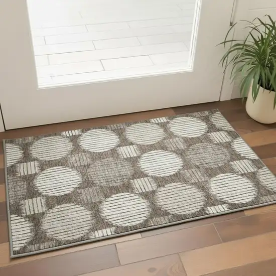 Brown And Ivory Geometric Washable Area Rug With UV Protection Photo 2