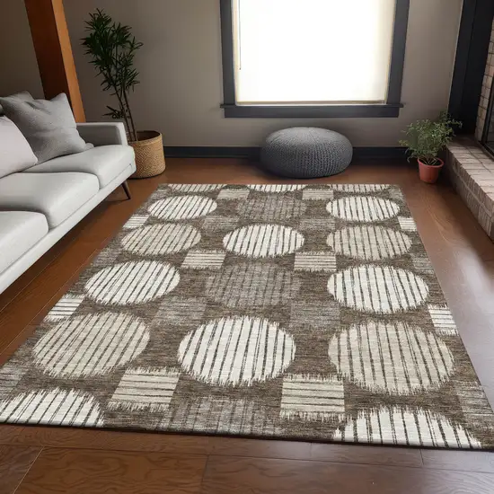 Brown And Ivory Geometric Washable Area Rug With UV Protection Photo 6