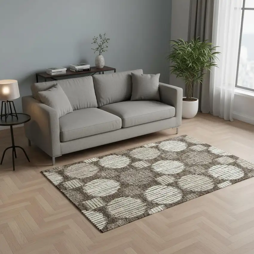 Brown And Ivory Geometric Washable Area Rug With UV Protection Photo 2