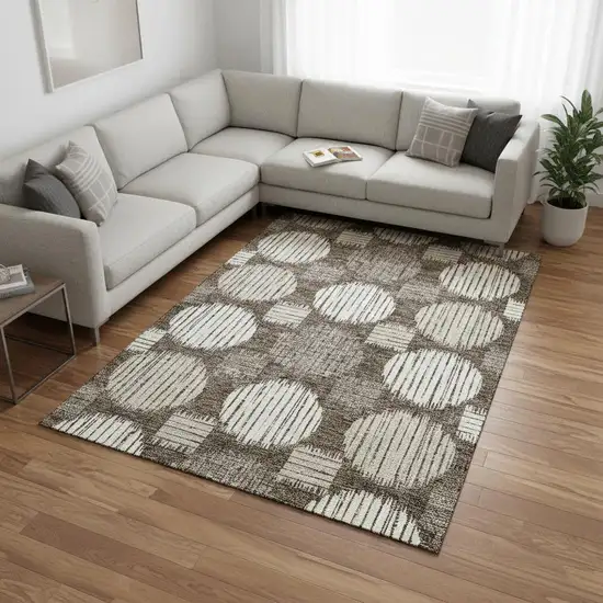 Brown And Ivory Geometric Washable Area Rug With UV Protection Photo 2