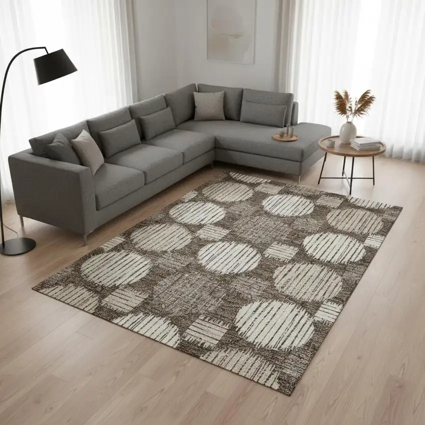 Brown And Ivory Geometric Washable Area Rug With UV Protection Photo 2