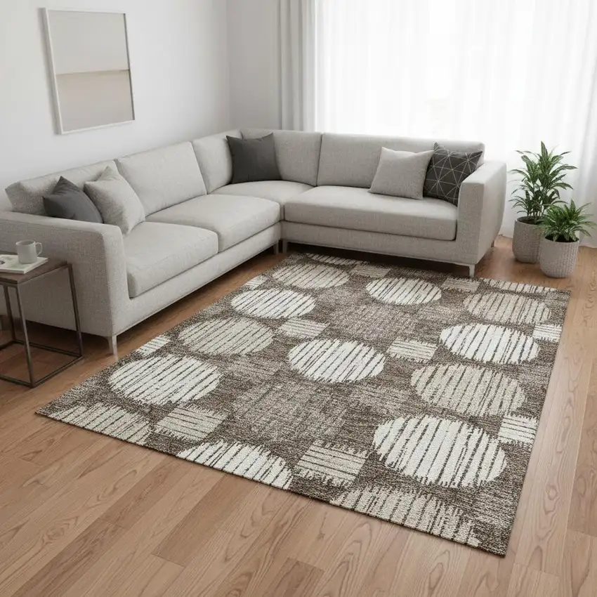 Brown And Ivory Geometric Washable Area Rug With UV Protection Photo 2