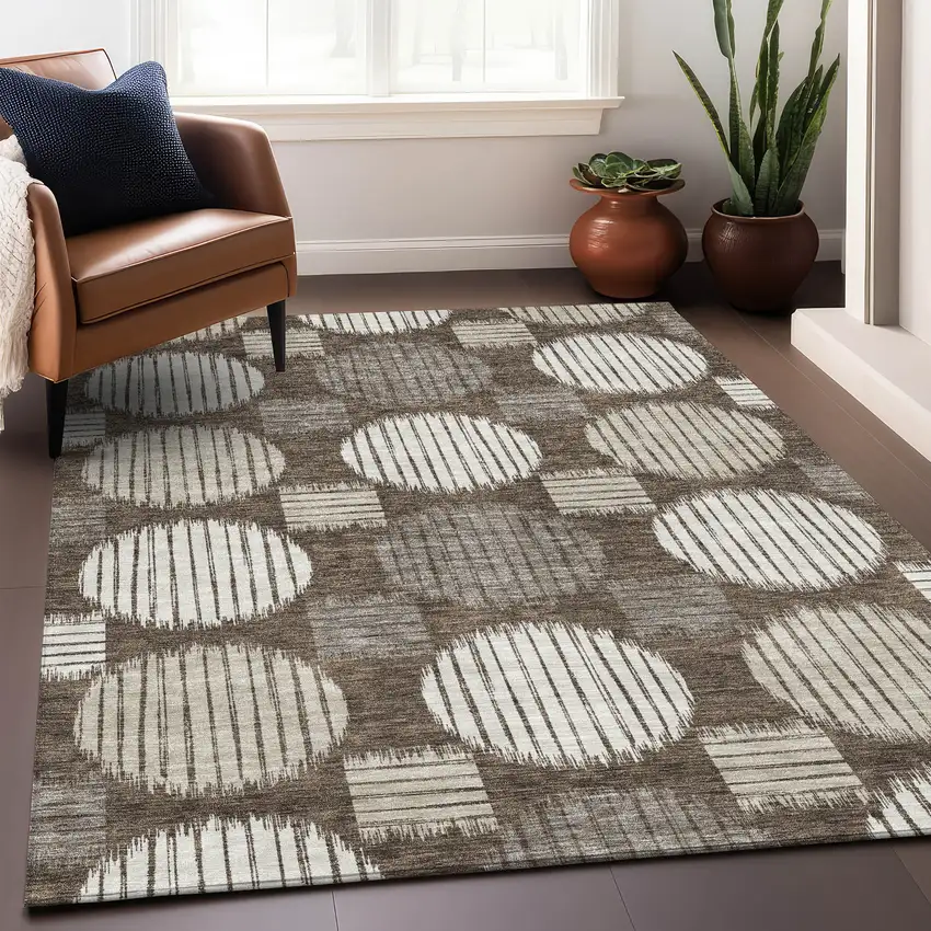 Brown And Ivory Geometric Washable Area Rug With UV Protection Photo 5