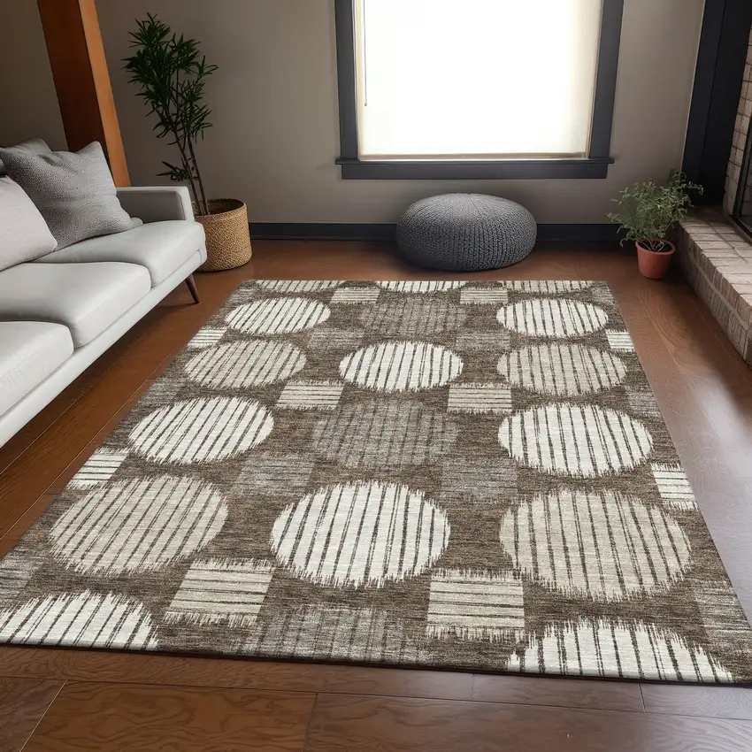 Brown And Ivory Geometric Washable Area Rug With UV Protection Photo 6