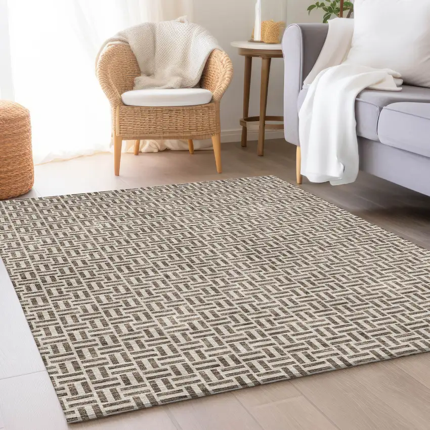 Brown And Ivory Geometric Washable Area Rug With UV Protection Photo 5