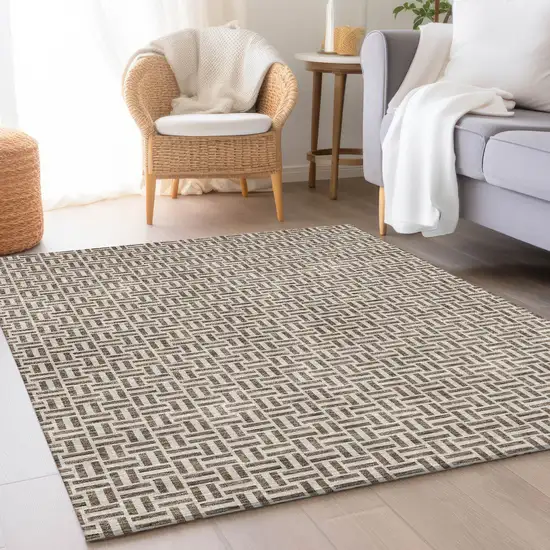 Brown And Ivory Geometric Washable Area Rug With UV Protection Photo 5