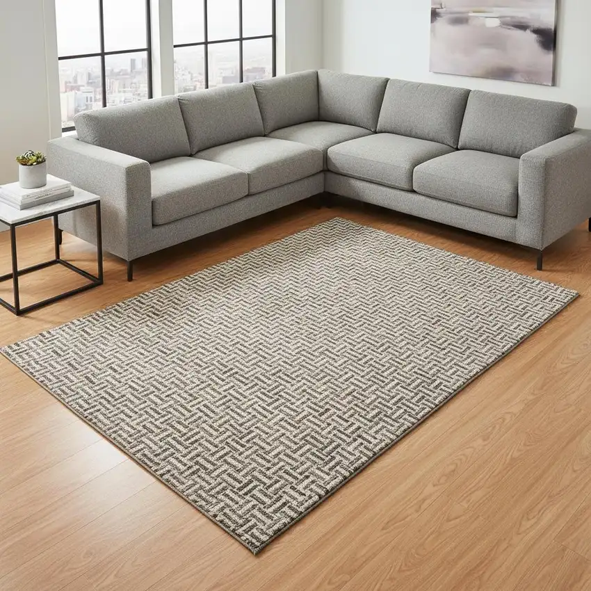 Brown And Ivory Geometric Washable Area Rug With UV Protection Photo 2