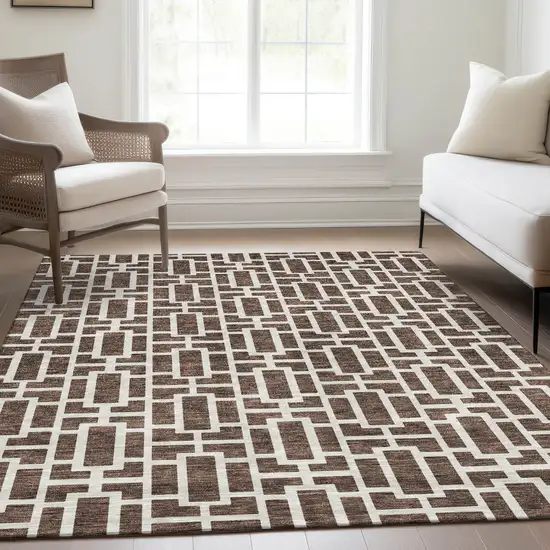 Brown And Ivory Geometric Washable Area Rug With UV Protection Photo 6