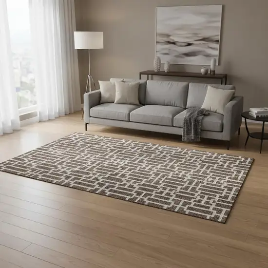 Brown And Ivory Geometric Washable Area Rug With UV Protection Photo 2