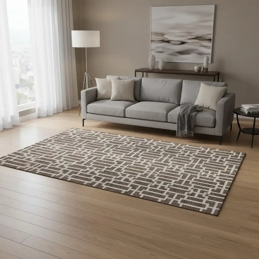 Brown And Ivory Geometric Washable Area Rug With UV Protection Photo 2