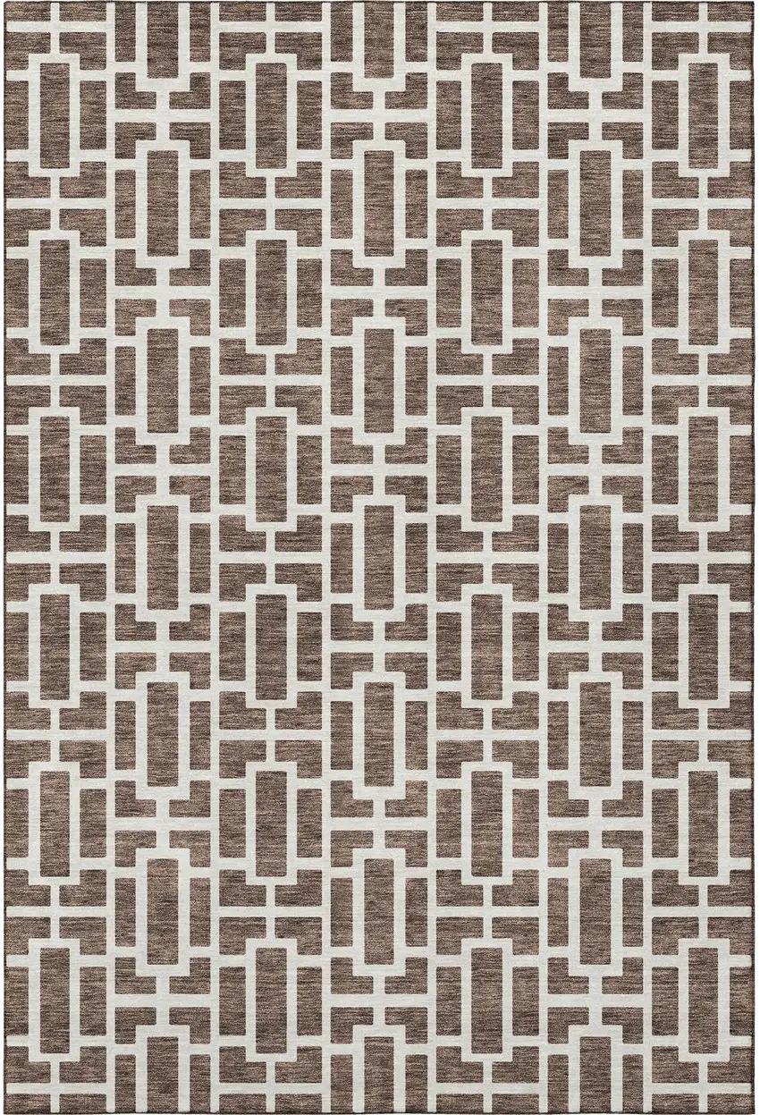 Brown And Ivory Geometric Washable Area Rug With UV Protection Photo 3
