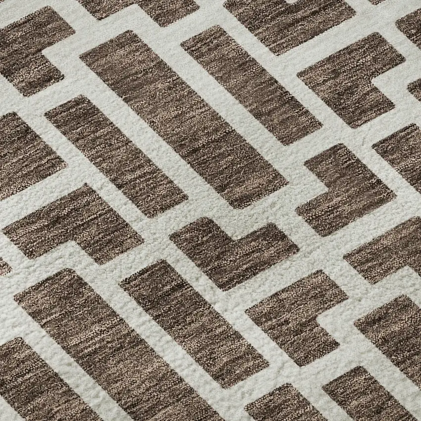 Brown And Ivory Geometric Washable Area Rug With UV Protection Photo 9