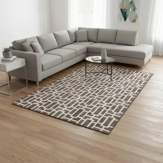 Brown And Ivory Geometric Washable Area Rug With UV Protection Photo 2