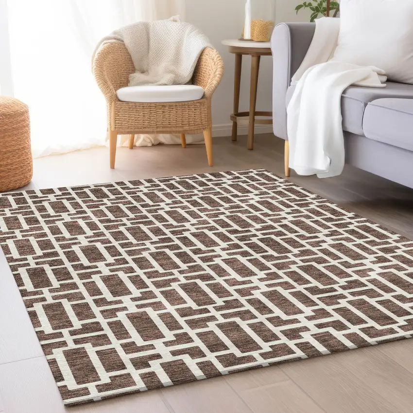 Brown And Ivory Geometric Washable Area Rug With UV Protection Photo 4