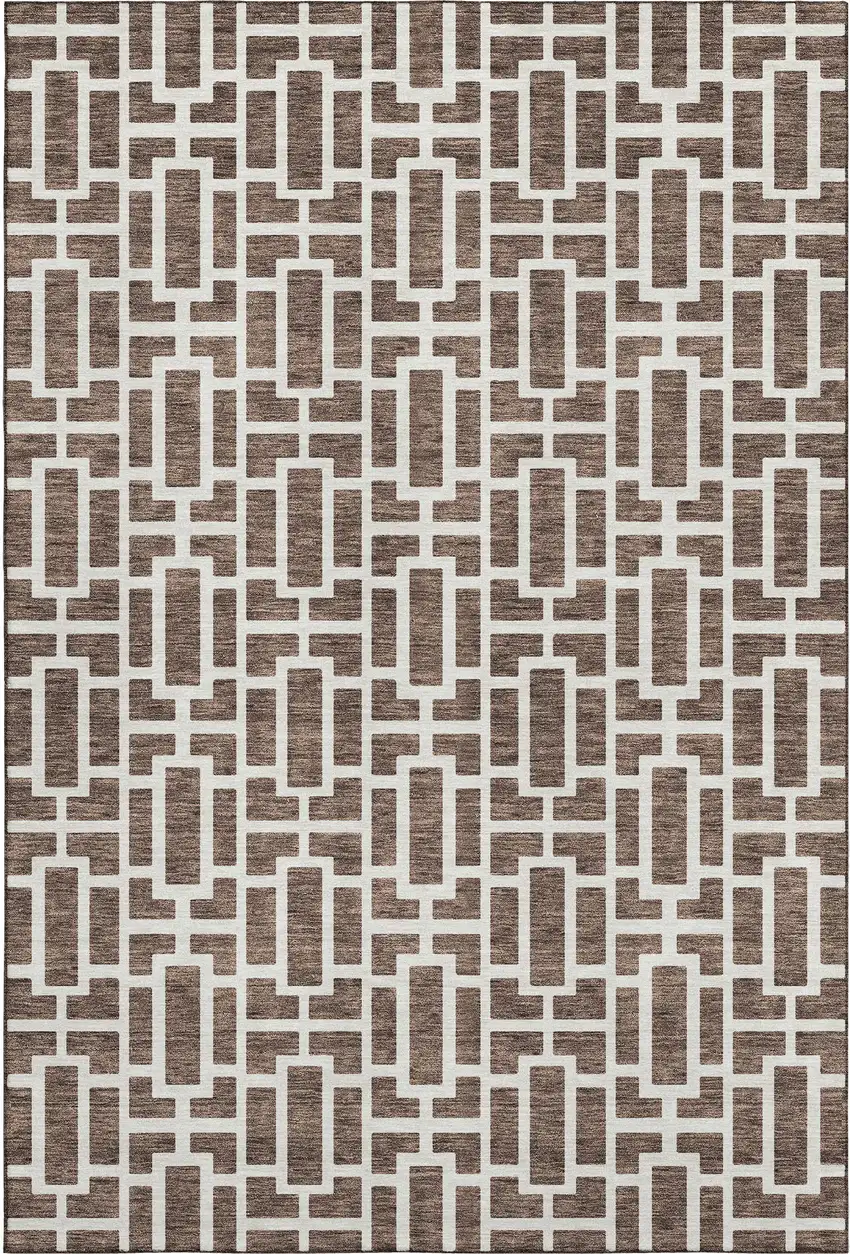 Brown And Ivory Geometric Washable Area Rug With UV Protection Photo 1
