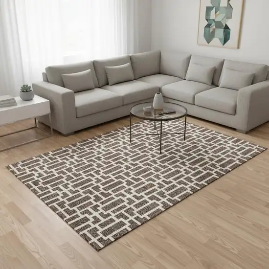 Brown And Ivory Geometric Washable Area Rug With UV Protection Photo 2