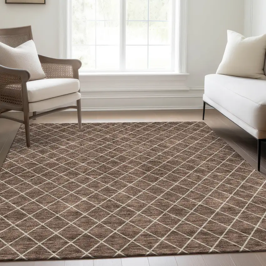 Brown And Ivory Geometric Washable Area Rug With UV Protection Photo 5