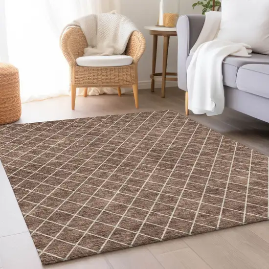Brown And Ivory Geometric Washable Area Rug With UV Protection Photo 4