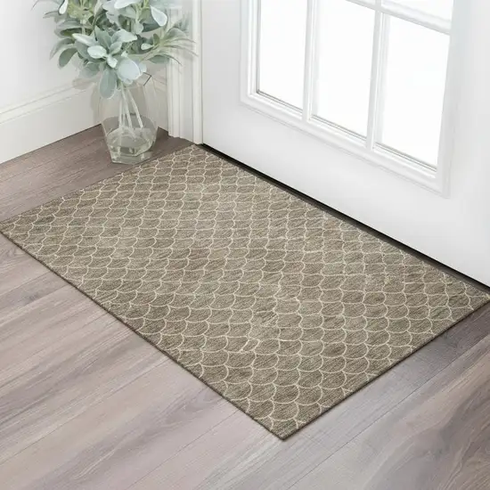 Brown And Ivory Geometric Washable Area Rug With UV Protection Photo 1