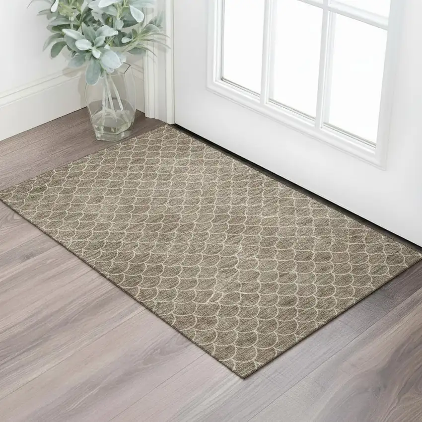 Brown And Ivory Geometric Washable Area Rug With UV Protection Photo 1