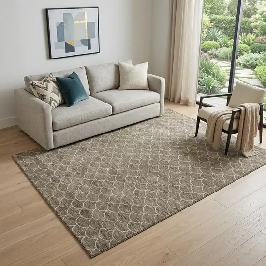 Brown And Ivory Geometric Washable Area Rug With UV Protection Photo 1