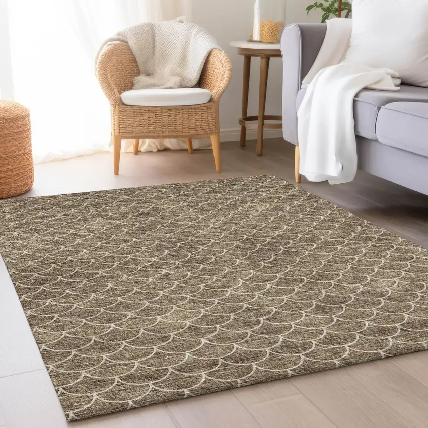 Brown And Ivory Geometric Washable Area Rug With UV Protection Photo 3