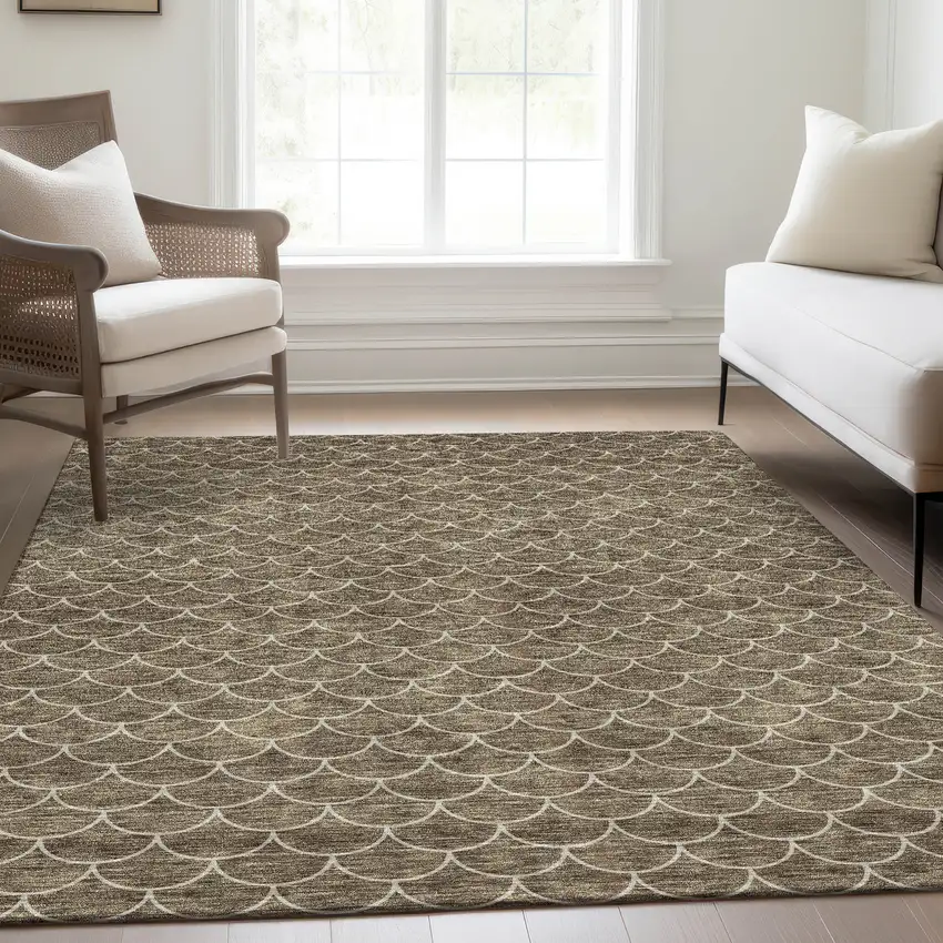 Brown And Ivory Geometric Washable Area Rug With UV Protection Photo 4