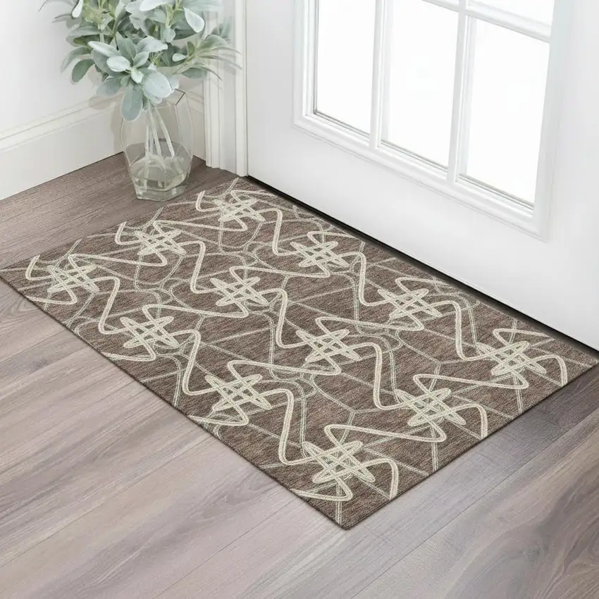 Brown And Ivory Geometric Washable Area Rug With UV Protection Photo 2