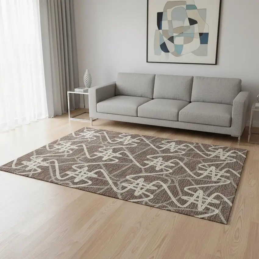 Brown And Ivory Geometric Washable Area Rug With UV Protection Photo 2