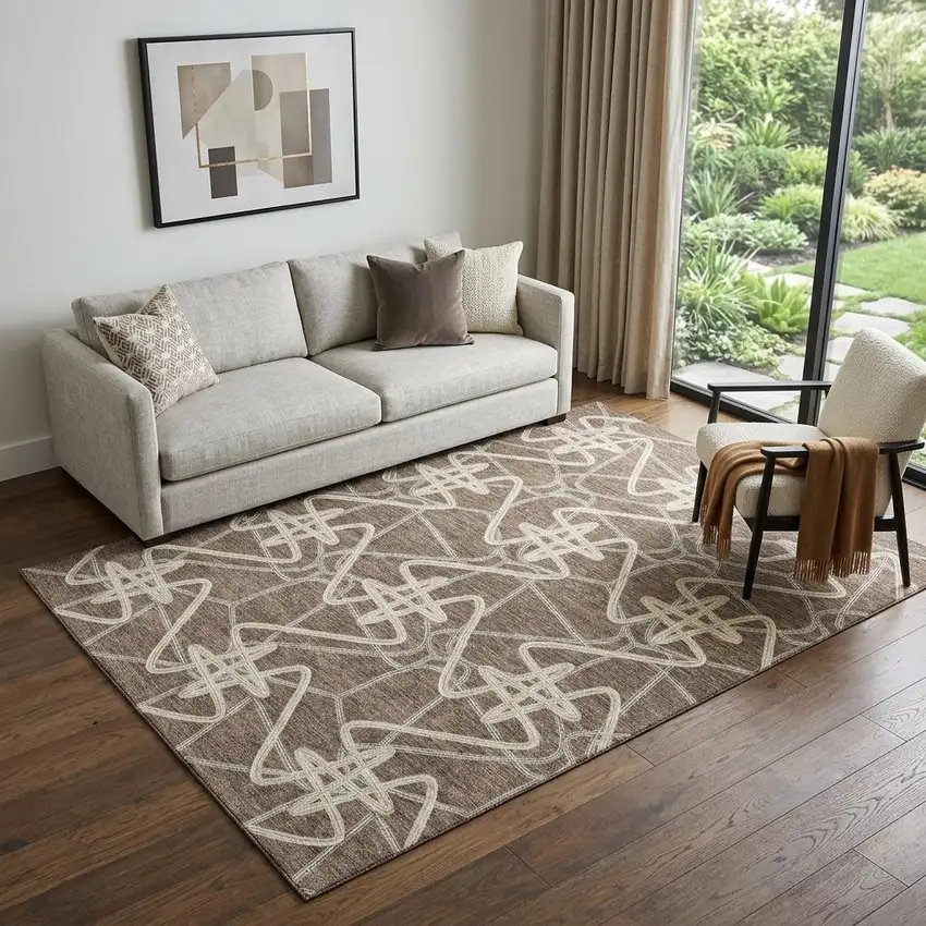 Brown And Ivory Geometric Washable Area Rug With UV Protection Photo 1