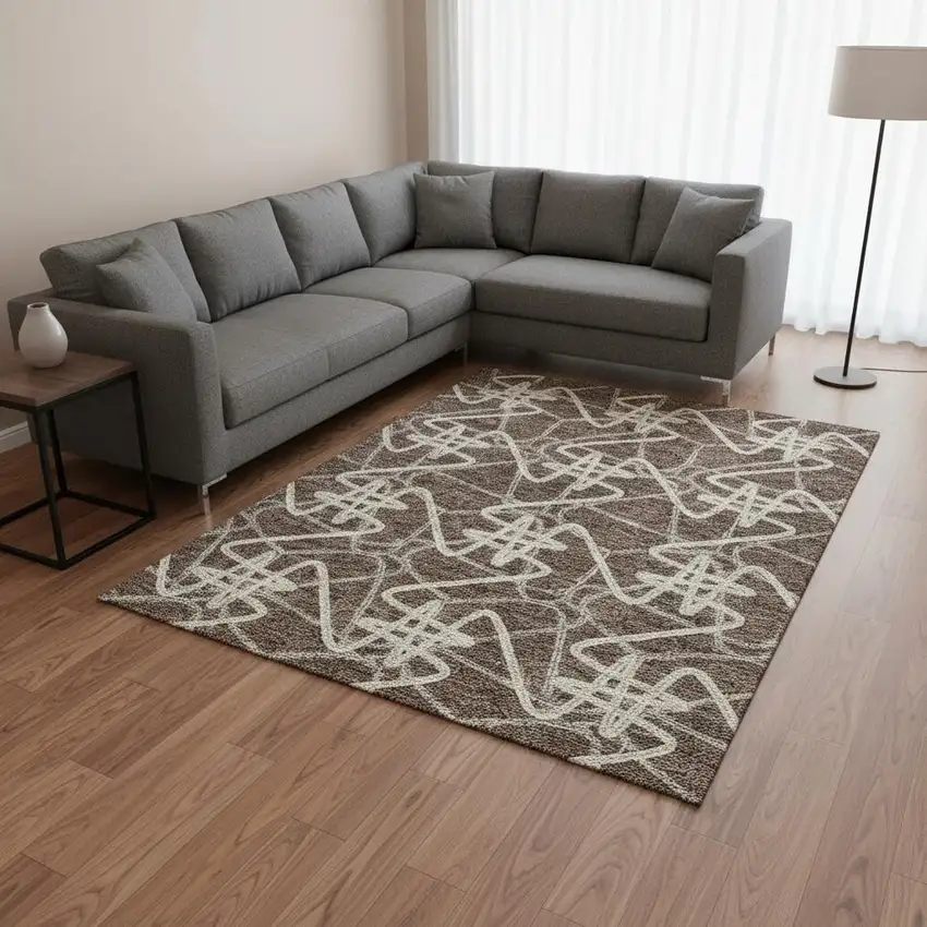 Brown And Ivory Geometric Washable Area Rug With UV Protection Photo 2