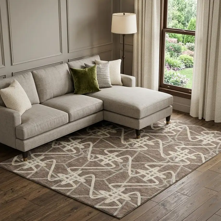 Brown And Ivory Geometric Washable Area Rug With UV Protection Photo 1