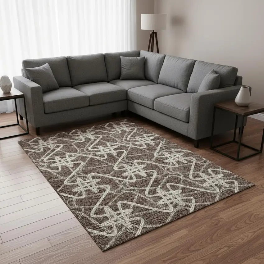 Brown And Ivory Geometric Washable Area Rug With UV Protection Photo 2