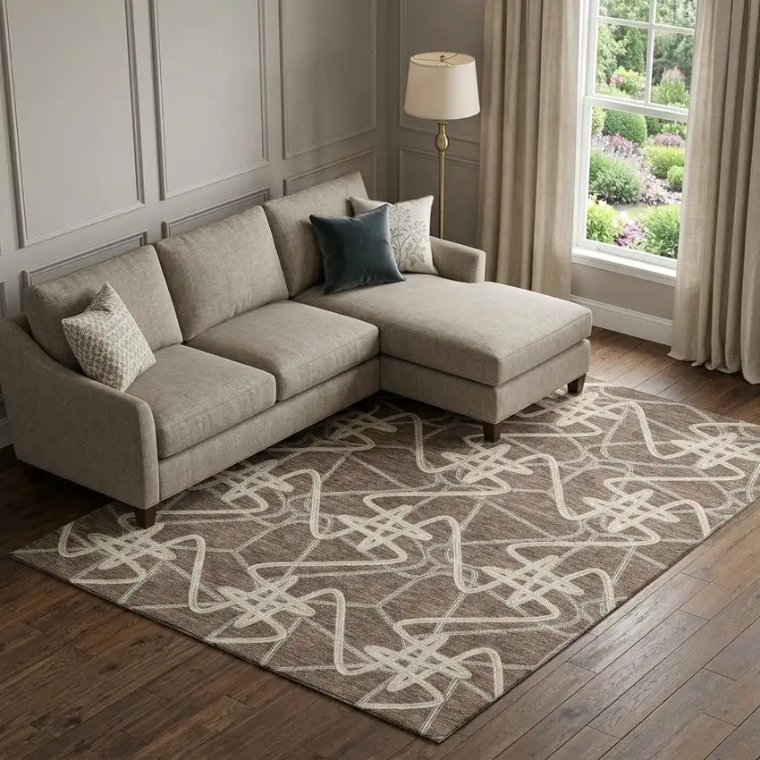 Brown And Ivory Geometric Washable Area Rug With UV Protection Photo 1